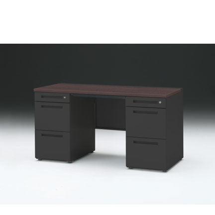 CZRデスク 両袖デスク CZR-146BAC-182 浅型センター引出し付  シリンダー錠W1400× D600 [ 本体: ブラックT・天板: 82 / ブラックウォールナットD]