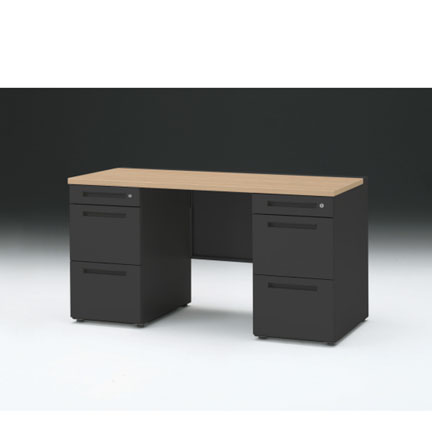 CZRデスク 両袖デスク CZR-146KAC-192 センター引出しなし  シリンダー錠W1400× D600 [ 本体: ブラックT・天板: 92 / ホワイトオークM]