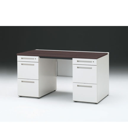 CZRデスク 両袖デスク CZR-147BAC-982 浅型センター引出し付  シリンダー錠W1400× D700 [ 本体: ホワイトW・天板: 82 / ブラックウォールナットD]