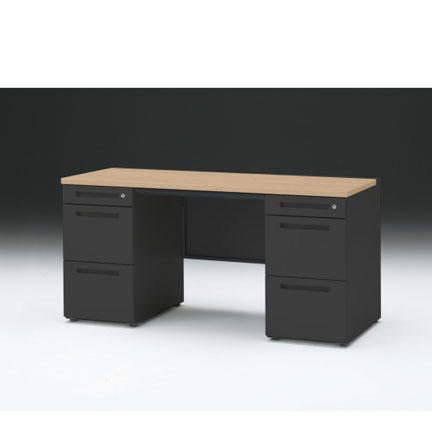 CZRデスク 両袖デスク CZR-156BAC-192 浅型センター引出し付  シリンダー錠W1500× D600 [ 本体: ブラックT・天板: 92 / ホワイトオークM]