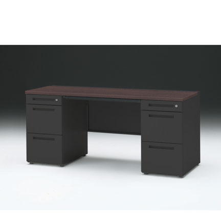 CZRデスク 両袖デスク CZR-166BAC-182 浅型センター引出し付  シリンダー錠W1600× D600 [ 本体: ブラックT・天板: 82 / ブラックウォールナットD]