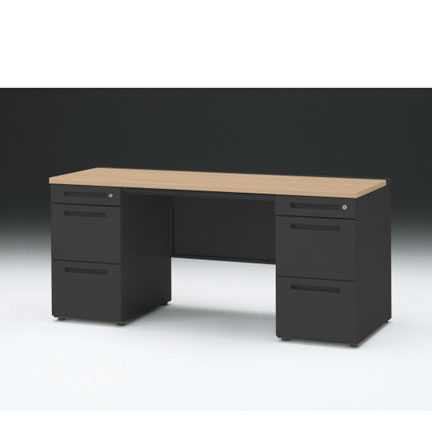 CZRデスク 両袖デスク CZR-166BAC-192 浅型センター引出し付  シリンダー錠W1600× D600 [ 本体: ブラックT・天板: 92 / ホワイトオークM]