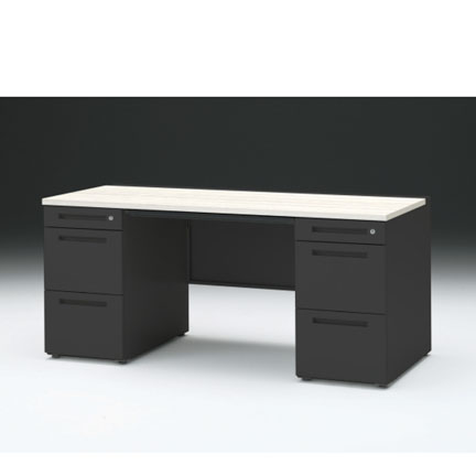 CZRデスク 両袖デスク ロングレールタイプ CZR-167BDC-161 浅型センター引出し付  シリンダー錠W1600× D700 [ 本体: ブラックT・天板: 61 / アッシュドパインL]