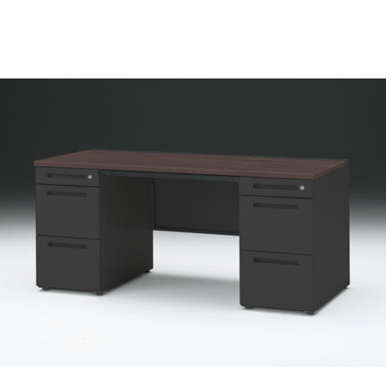 CZRデスク 両袖デスク ロングレールタイプ CZR-167BDC-182 浅型センター引出し付  シリンダー錠W1600× D700 [ 本体: ブラックT・天板: 82 / ブラックウォールナットD]