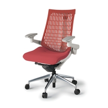 アクトチェア エラストマーバック 可動肘 ランバーサポート付 ベースカラー：ZN アルミミラー脚 抵抗付ウレタン双輪キャスター ［座：R3/レッド×背：D4/バーシモンオレンジ］ KG427SC-MZNR3D4