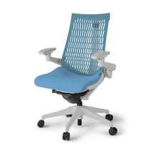 アクトチェア エラストマーバック 可動肘 ハンガー ベースカラー：GN 樹脂脚 抵抗付ウレタン双輪キャスター ［座：S2/スカイブルー×背：A4/サックスブルー］ KG447SCHMGNS2A4