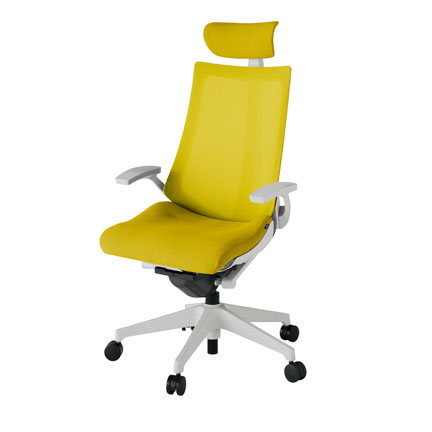 アクト2 KJ-475JVE-GNU5 メッシュバック プレーン 固定肘 ヘッドサポート ( クロス ) ナイロンキャスター[ ベースカラー: GN 張地カラー: U5 / ストロングイエロー  ]