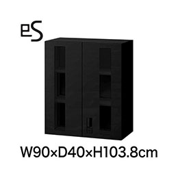 eS cabinet エスキャビネット ガラス両開き扉型 上段用 スマートロック  幅90cm 奥行40cm 高さ103.8cm 色：ブラック ［T1/サテンブラックT］