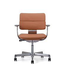 SHIGA シガ  背ダブル 固定肘 昇降脚 本革張り 抵抗付ウレタン双輪キャスター  [座背：キャメル / フレームカラー：アルミミラー]