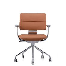 SHIGA シガ  背ダブル 固定肘 パイプ脚 本革張り ナイロン双輪キャスター  [座背：キャメル / フレームカラー：アルミミラー]