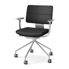 SHIGA シガ  背ダブル 固定肘 パイプ脚 本革張り 抵抗付ウレタン双輪キャスター  [座背：ブラック / フレームカラー：アルミミラー]