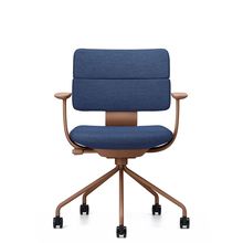 SHIGA シガ  背ダブル 固定肘 パイプ脚 布地張り ナイロン双輪キャスター  [座背：ディープブルー / フレームカラー：チェスナットブラウン]