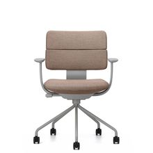 SHIGA シガ  背ダブル 固定肘 パイプ脚 布地張り 抵抗付ウレタン双輪キャスター  [座背：サンドベージュ / フレームカラー：ペールオリーブ]