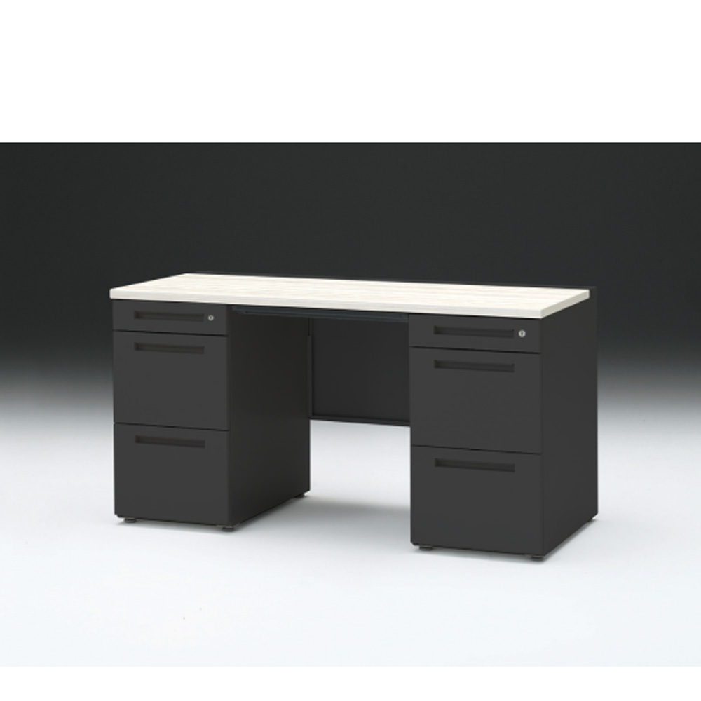 CZRデスク 両袖デスク CZR-146BAC-161 浅型センター引出し付  シリンダー錠W1400× D600 [ 本体: ブラックT・天板: 61 / アッシュドパインL]
