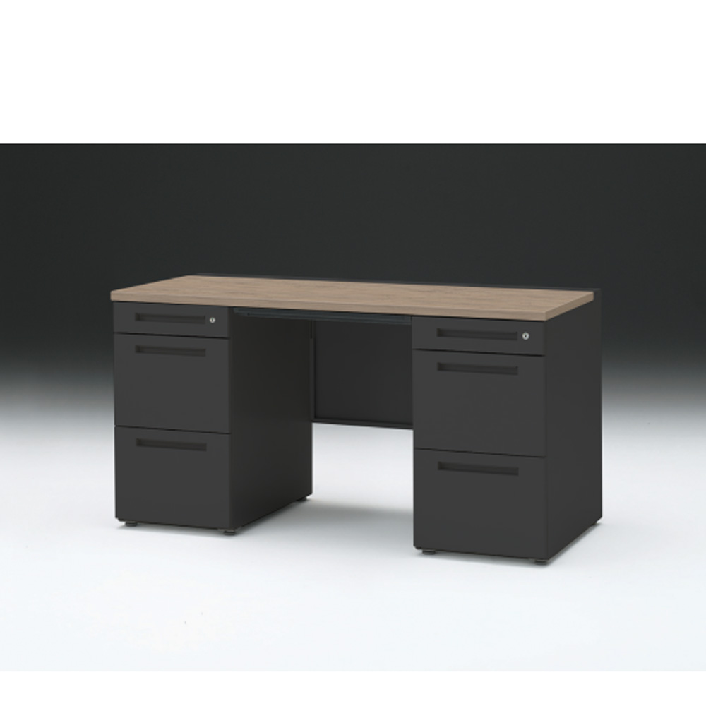 CZRデスク 両袖デスク CZR-146BAC-171 浅型センター引出し付  シリンダー錠W1400× D600 [ 本体: ブラックT・天板: 71 / アッシュドオークM]