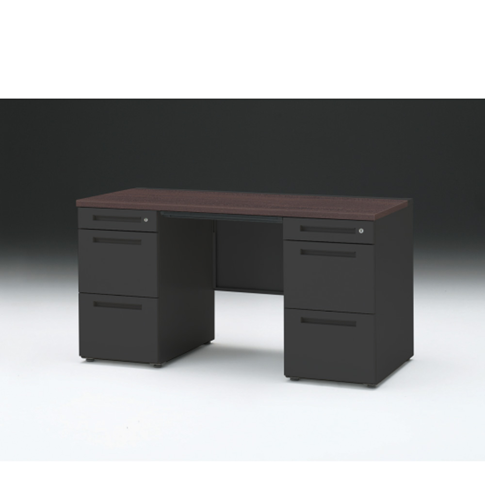 CZRデスク 両袖デスク CZR-146BAC-182 浅型センター引出し付  シリンダー錠W1400× D600 [ 本体: ブラックT・天板: 82 / ブラックウォールナットD]