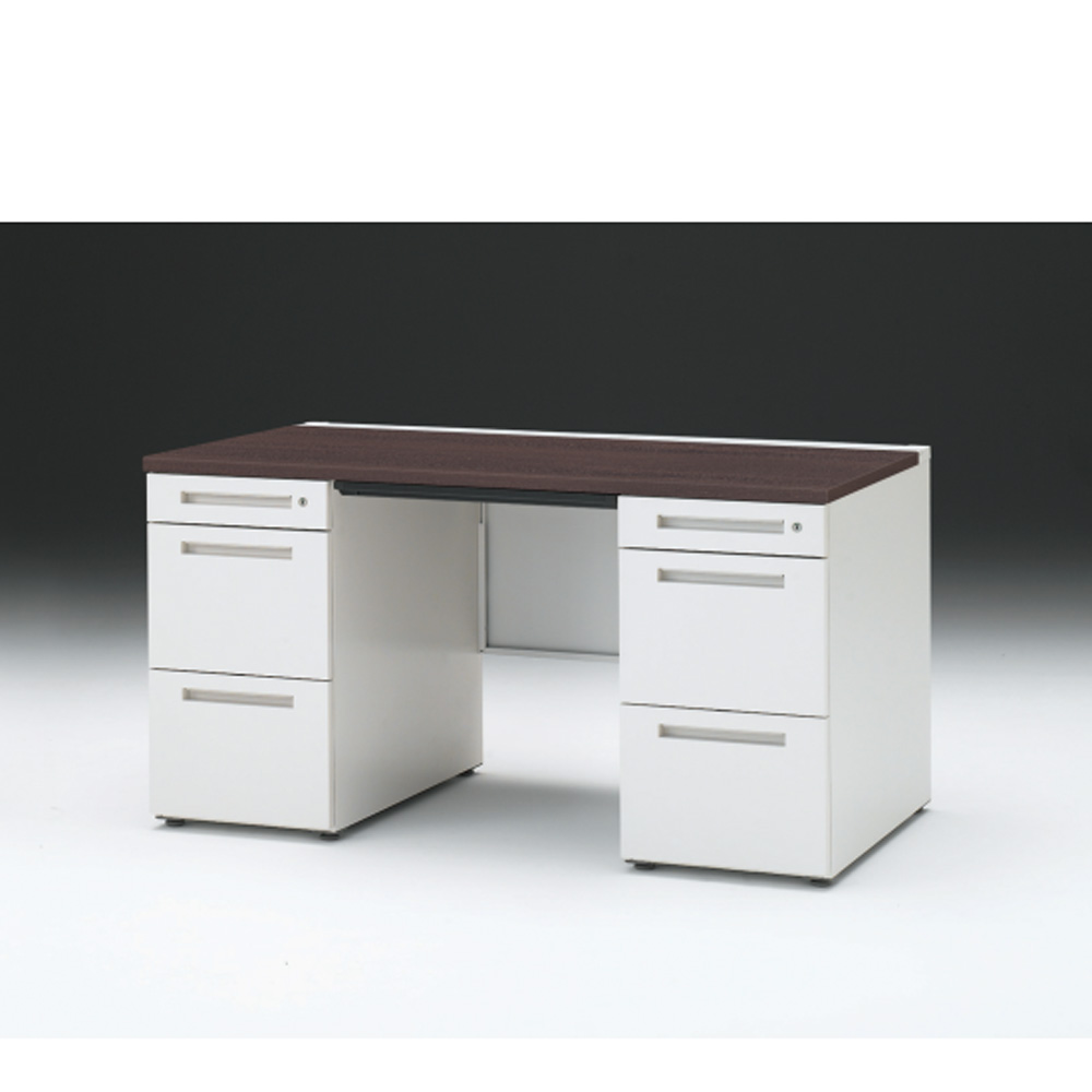 CZRデスク 両袖デスク CZR-147BAC-982 浅型センター引出し付  シリンダー錠W1400× D700 [ 本体: ホワイトW・天板: 82 / ブラックウォールナットD]