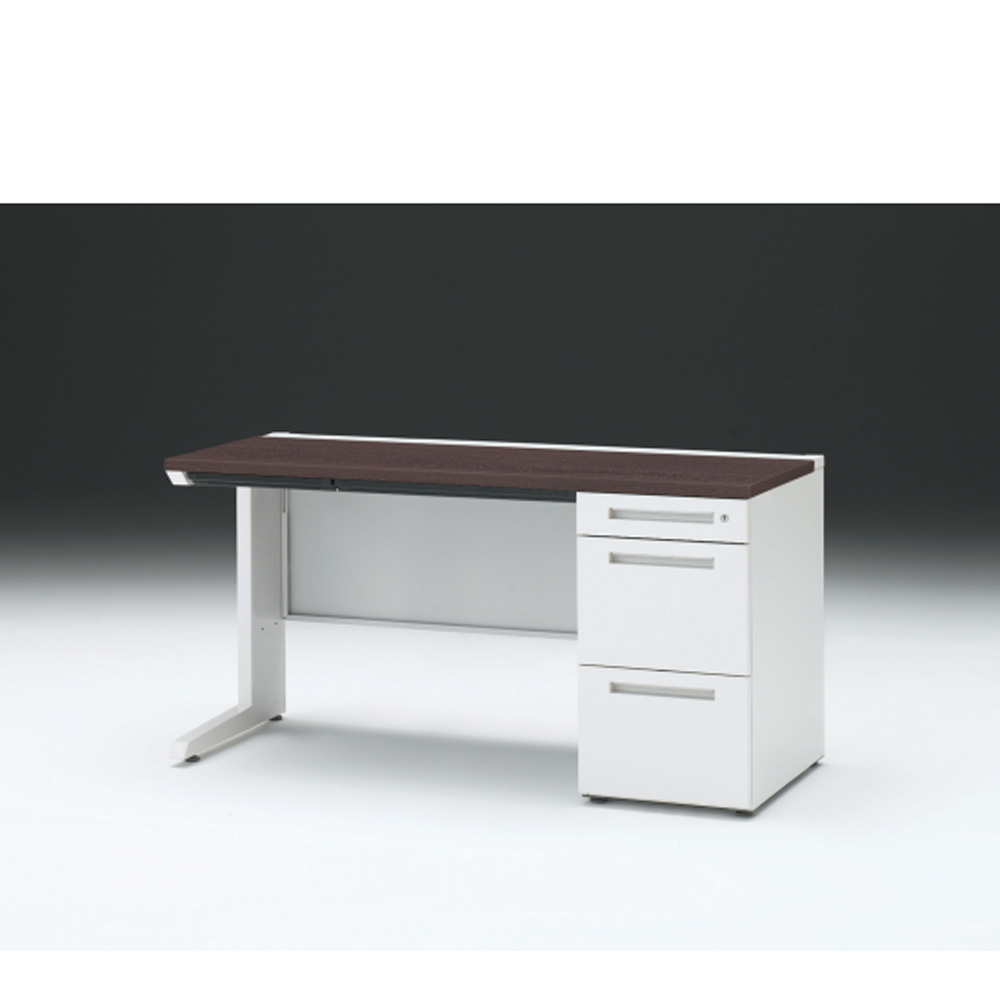CZRデスク 片袖デスク CZR-146CBC-982 浅型センター引出し付  シリンダー錠W1400× D600 [ 本体: ホワイトW・天板: 82 / ブラックウォールナットD]