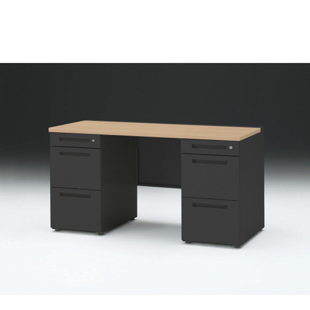 CZRデスク 両袖デスク CZR-146KAC-192 センター引出しなし  シリンダー錠W1400× D600 [ 本体: ブラックT・天板: 92 / ホワイトオークM]
