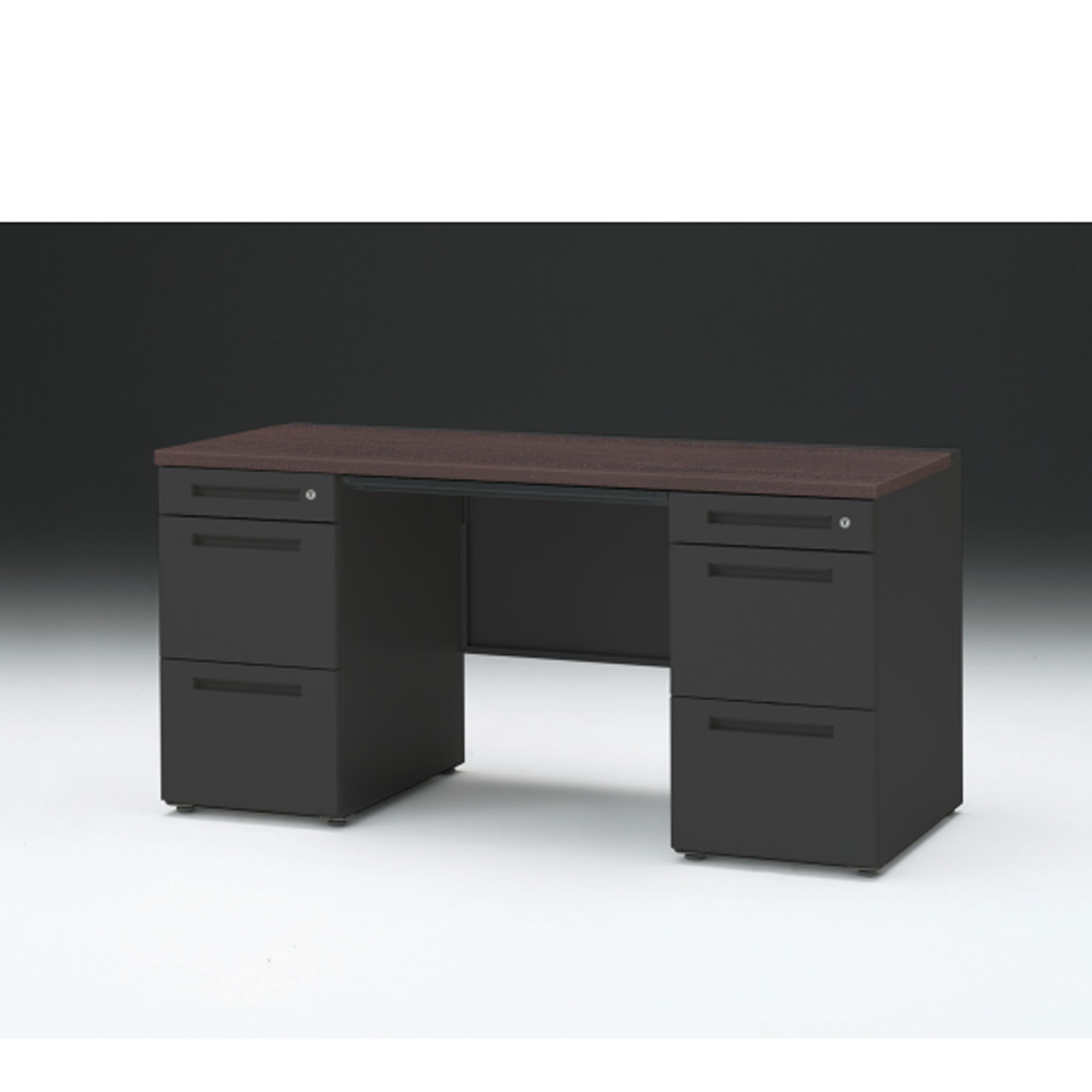 CZRデスク 両袖デスク CZR-156BAC-182 浅型センター引出し付  シリンダー錠W1500× D600 [ 本体: ブラックT・天板: 82 / ブラックウォールナットD]