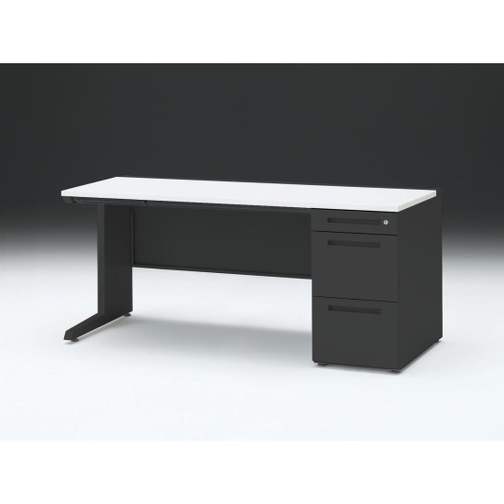 CZR 片袖デスク　シリンダー錠 浅型センター引出し付　CZR-167CBC-1W9　W1600×D700 ［本体：ブラック×天板：W9/ホワイトW］