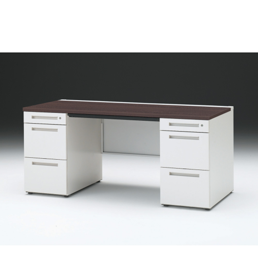 CZRデスク 両袖デスク CZR-167BAC-982 浅型センター引出し付  シリンダー錠W1600× D700 [ 本体: ホワイトW・天板: 82 / ブラックウォールナットD]