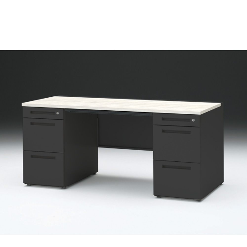 CZRデスク 両袖デスク ロングレールタイプ CZR-167BDC-161 浅型センター引出し付  シリンダー錠W1600× D700 [ 本体: ブラックT・天板: 61 / アッシュドパインL]