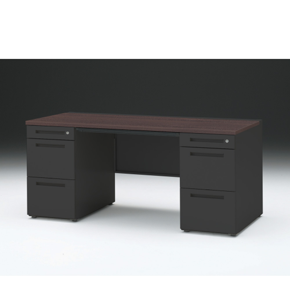 CZRデスク 両袖デスク ロングレールタイプ CZR-167BDC-182 浅型センター引出し付  シリンダー錠W1600× D700 [ 本体: ブラックT・天板: 82 / ブラックウォールナットD]