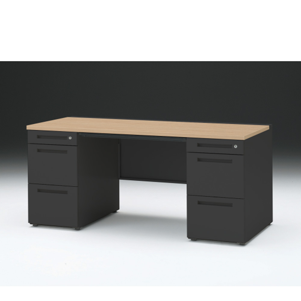 CZRデスク 両袖デスク ロングレールタイプ CZR-167BDC-192 浅型センター引出し付  シリンダー錠W1600× D700 [ 本体: ブラックT・天板: 92 / ホワイトオークM]