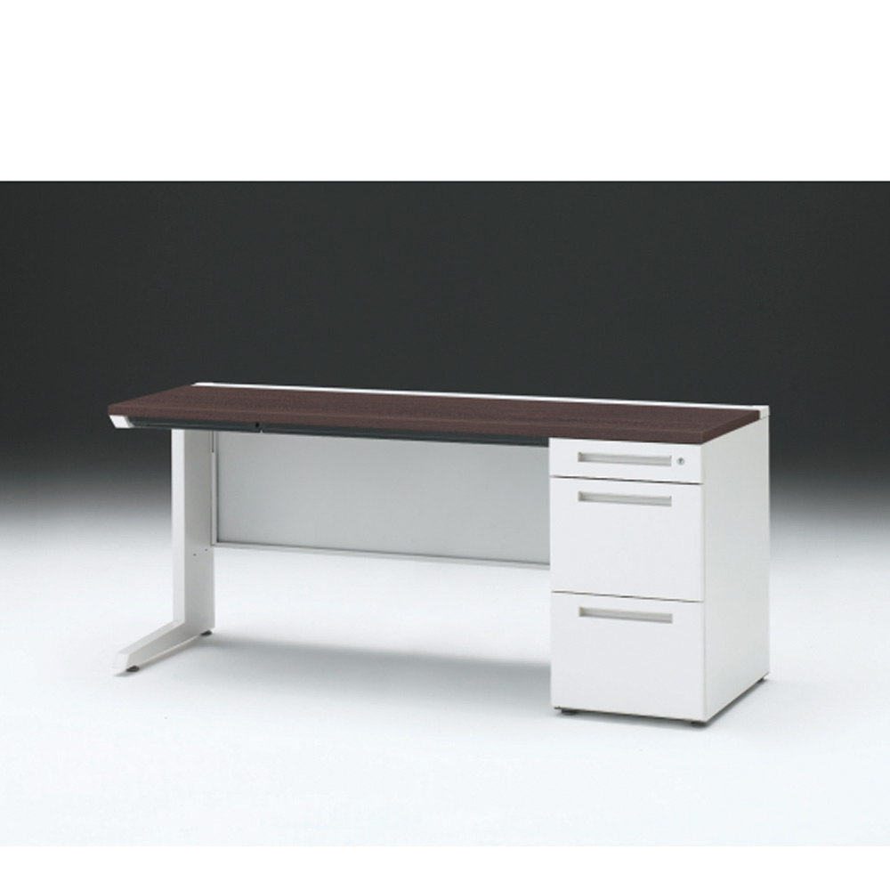 CZRデスク 片袖デスク CZR-166CBC-982 浅型センター引出し付  シリンダー錠W1600× D600 [ 本体: ホワイトW・天板: 82 / ブラックウォールナットD]