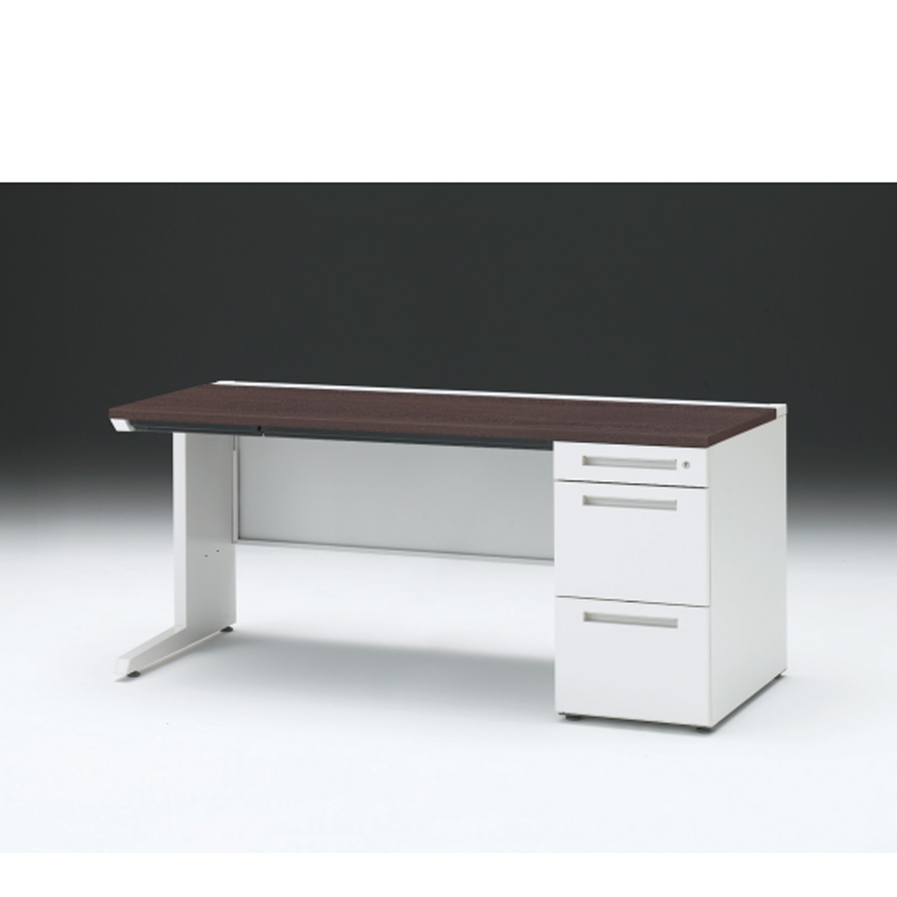 CZRデスク 片袖デスク CZR-167CBC-982 浅型センター引出し付  シリンダー錠W1600× D700 [ 本体: ホワイトW・天板: 82 / ブラックウォールナットD]