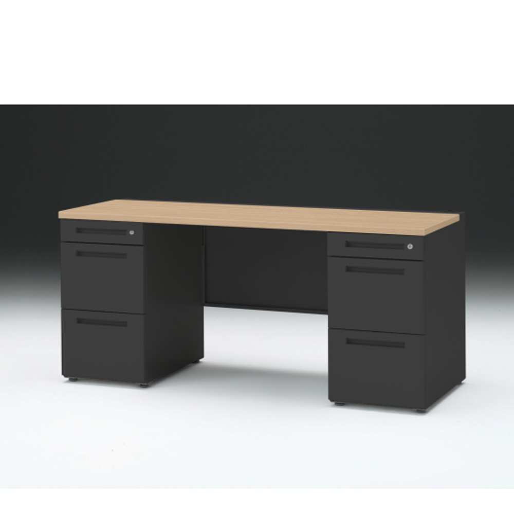 CZRデスク 両袖デスク CZR-166KAC-192 センター引出しなし  シリンダー錠W1600× D600 [ 本体: ブラックT・天板: 92 / ホワイトオークM]