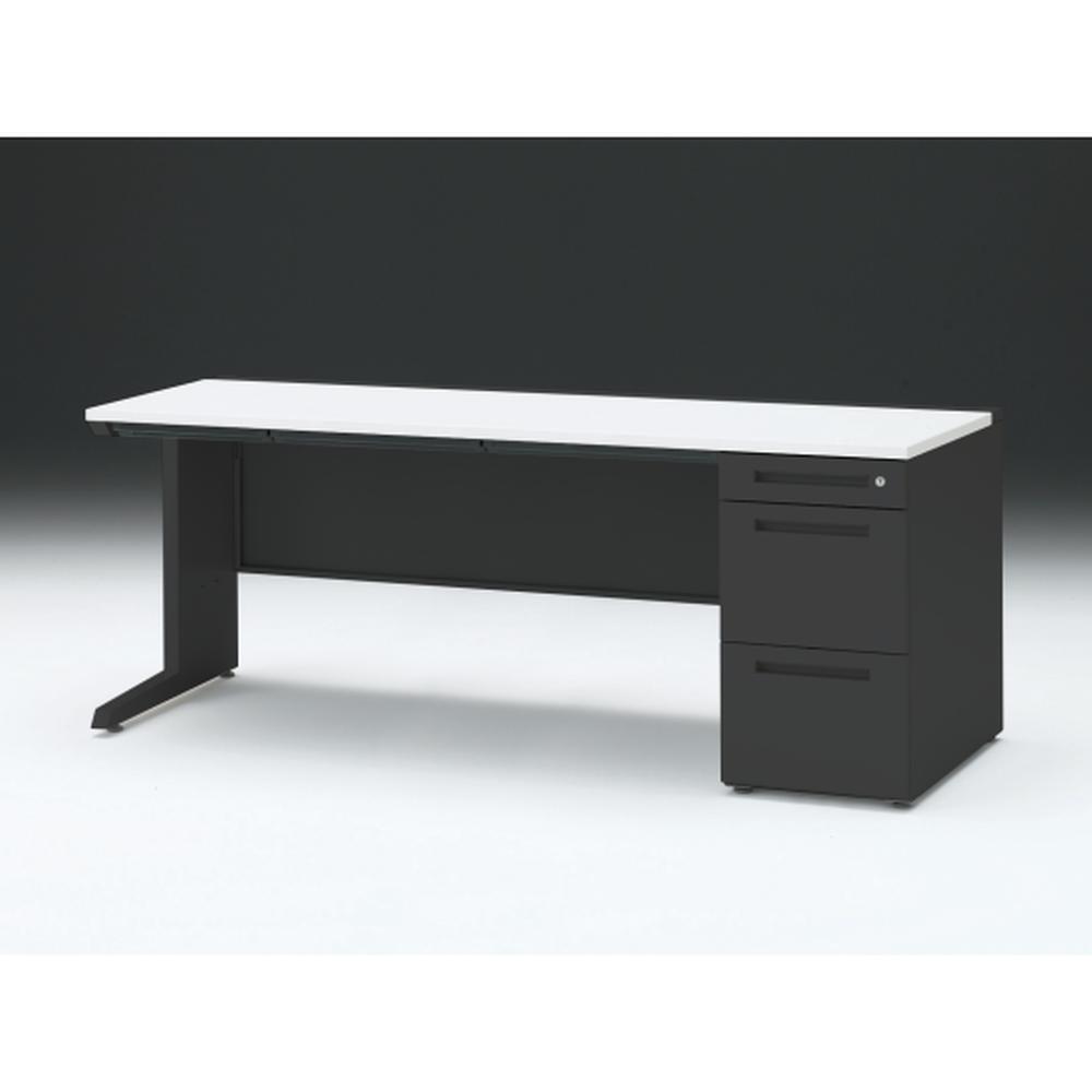 CZR 片袖デスク　シリンダー錠 浅型センター引出し付　CZR-187CBC-1W9　W1800×D700 ［本体：ブラック×天板：W9/ホワイトW］