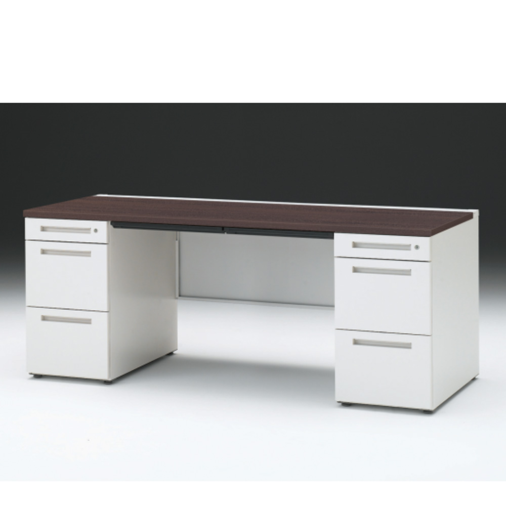 CZRデスク 両袖デスク CZR-187BAC-982 浅型センター引出し付  シリンダー錠W1800× D700 [ 本体: ホワイトW・天板: 82 / ブラックウォールナットD]