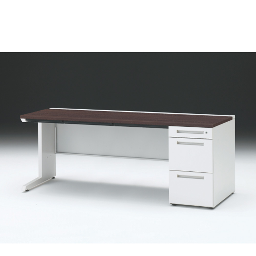 CZRデスク 片袖デスク CZR-187CBC-982 浅型センター引出し付  シリンダー錠W1800× D700 [ 本体: ホワイトW・天板: 82 / ブラックウォールナットD]