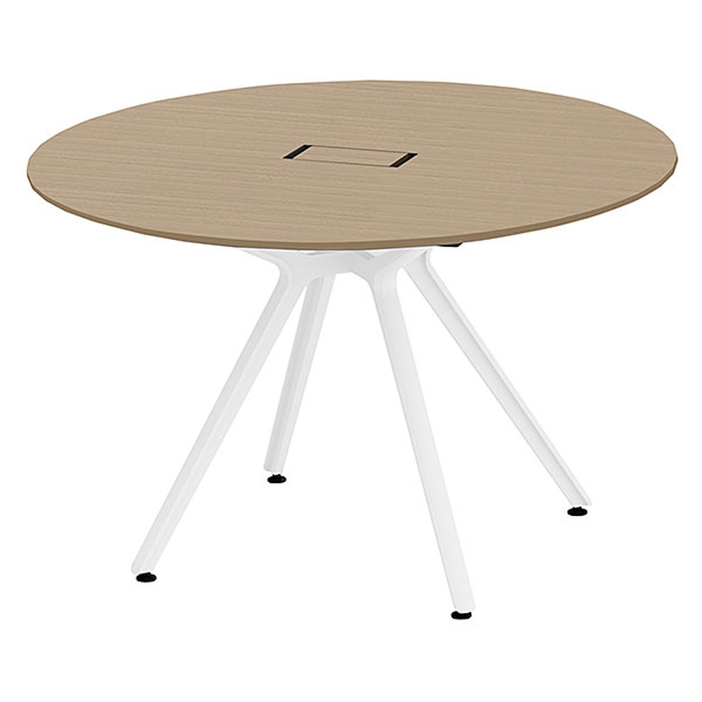 DZテーブル  円形 船底エッジ 配線カバー付 φ1200 mm［塗装脚：ホワイト×天板：71/アッシュドオークM］