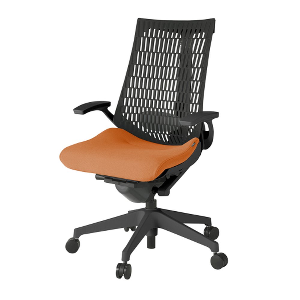 アクトチェア エラストマーバック KG425PS-MT1D3T1 固定肘 ランバーサポート付 ベースカラー：T1 樹脂脚 抵抗付ウレタン双輪キャスター ［座：D3/アンバーオレンジ×背：T1/ブラックT］