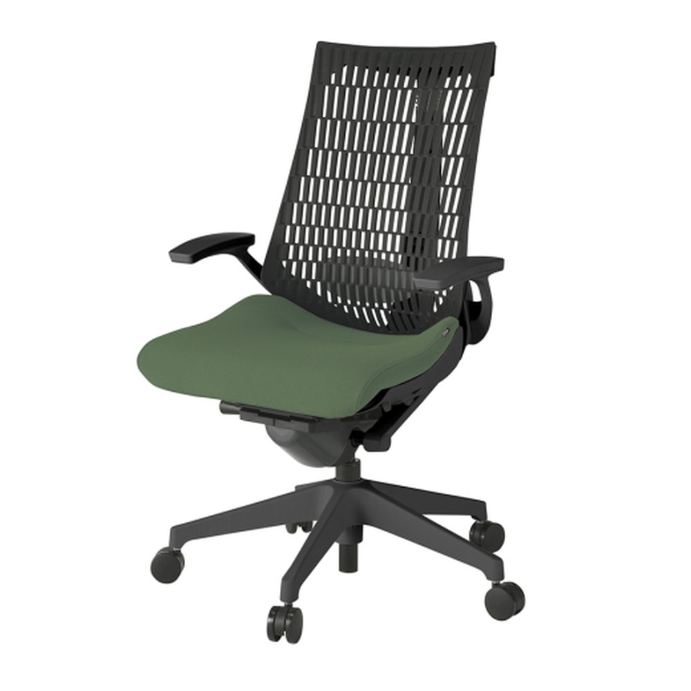 アクトチェア エラストマーバック KG425PS-MT1Q2T1 固定肘 ランバーサポート付 ベースカラー：T1 樹脂脚 抵抗付ウレタン双輪キャスター ［座：Q2/アイビーグリーン×背：T1/ブラックT］