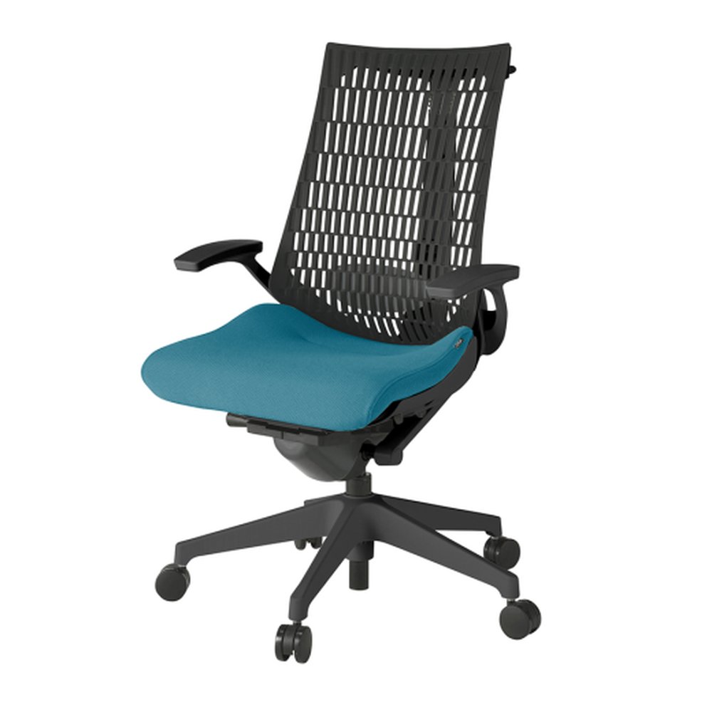 アクトチェア エラストマーバック KG425PSHMT1A3T1 固定肘 ハンガー ランバーサポート付 ベースカラー：T1 樹脂脚 抵抗付ウレタン双輪キャスター ［座：A3/ストロングブルー/ストロングブルー×背：T1/ブラックT］