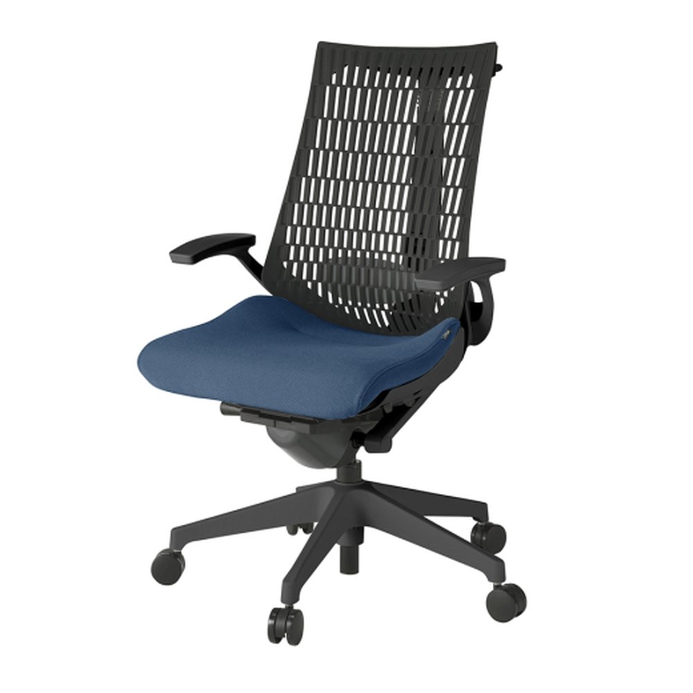 アクトチェア エラストマーバック KG425PSHMT1B2T1 固定肘 ハンガー ランバーサポート付 ベースカラー：T1 樹脂脚 抵抗付ウレタン双輪キャスター ［座：B2/ネイビーブルー/ネイビーブルー×背：T1/ブラックT］