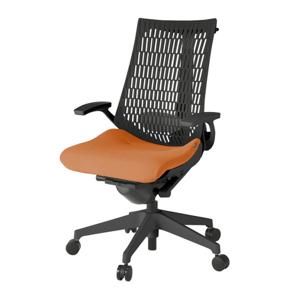 アクトチェア エラストマーバック KG425PSHMT1D3T1 固定肘 ハンガー ランバーサポート付 ベースカラー：T1 樹脂脚 抵抗付ウレタン双輪キャスター ［座：D3/アンバーオレンジ×背：T1/ブラックT］