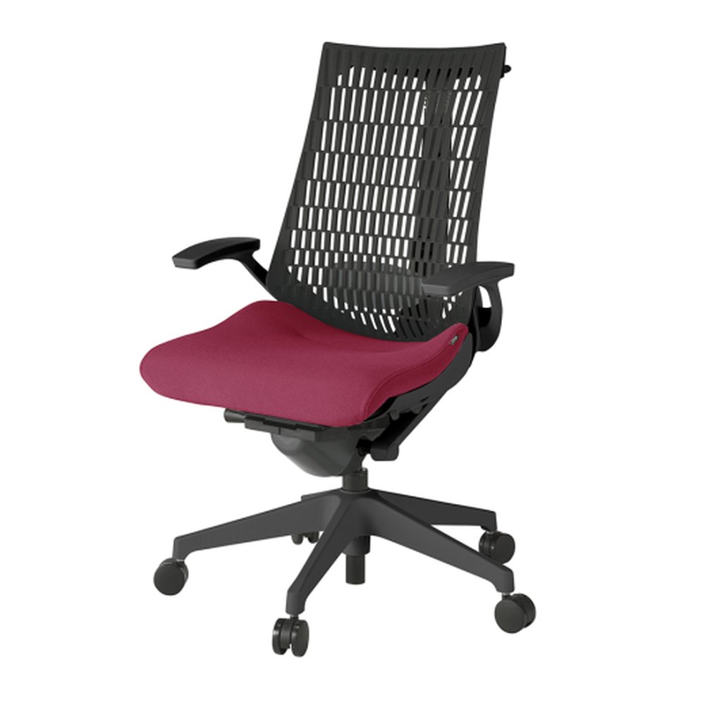 アクトチェア エラストマーバック KG425PSHMT1M4T1 固定肘 ハンガー ランバーサポート付 ベースカラー：T1 樹脂脚 抵抗付ウレタン双輪キャスター ［座：M4/ラズベリーレッド×背：T1/ブラックT］