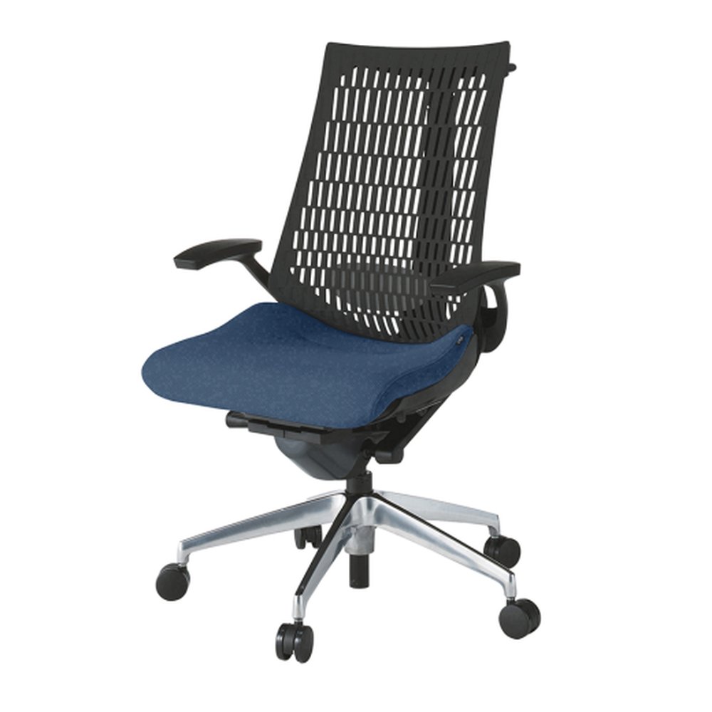 アクトチェア エラストマーバック KG425PSHMZTB2T1 固定肘 ハンガー ランバーサポート付 ベースカラー：ZT アルミミラー脚 抵抗付ウレタン双輪キャスター ［座：B2/ネイビーブルー/ネイビーブルー×背：T1/ブラックT］