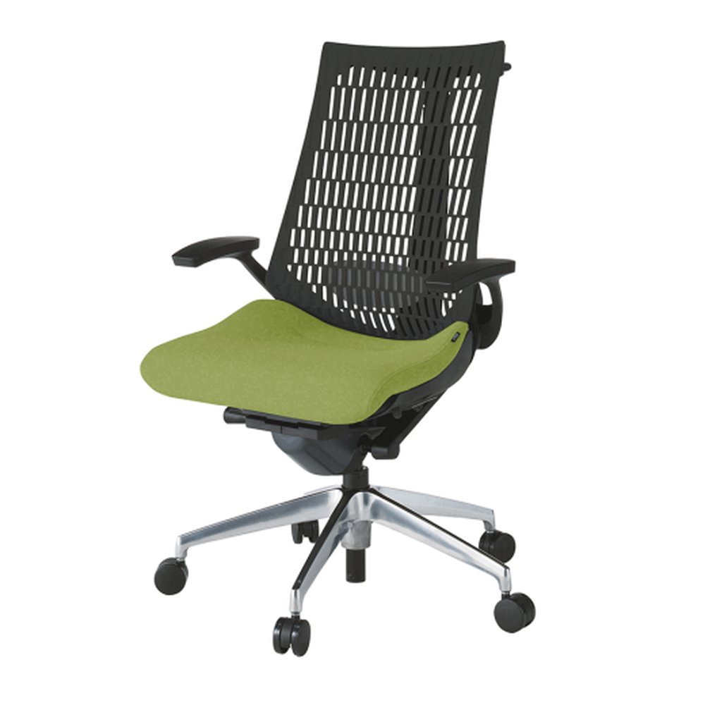 アクトチェア エラストマーバック KG425PSHMZTQ6T1 固定肘 ハンガー ランバーサポート付 ベースカラー：ZT アルミミラー脚 抵抗付ウレタン双輪キャスター ［座：Q6/モスグリーン/モスグリーン×背：T1/ブラックT］