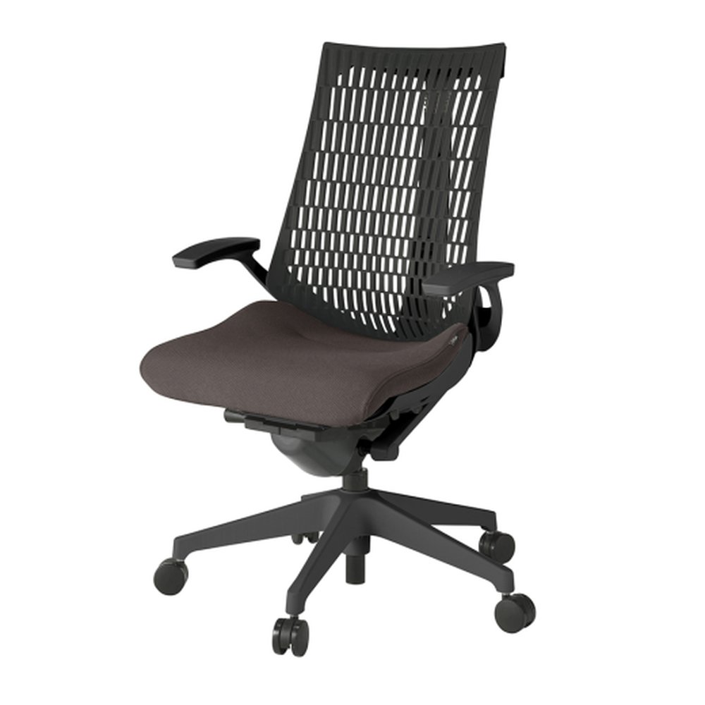 アクトチェア エラストマーバック KG445PS-MT1H2T1 固定肘 ベースカラー：T1 樹脂脚 抵抗付ウレタン双輪キャスター ［座：H2/チョコレートブラウン×背：T1/ブラックT］