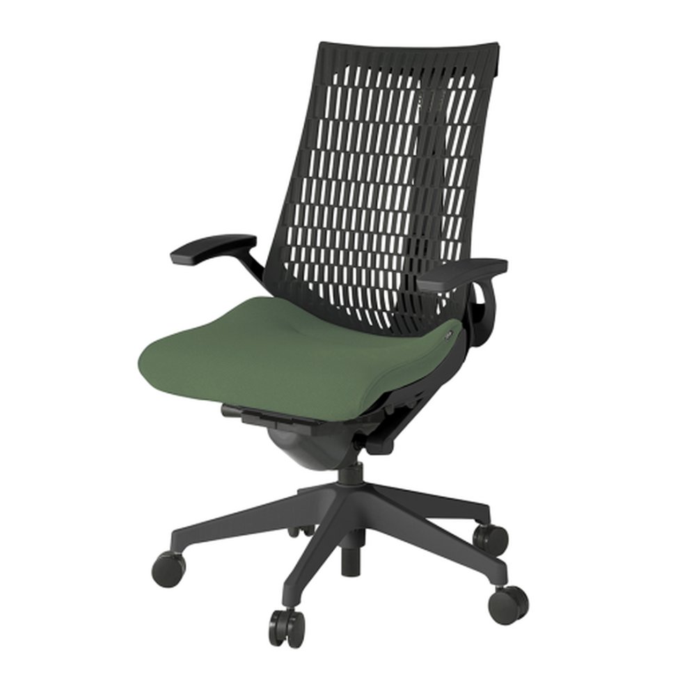アクトチェア エラストマーバック KG445PS-MT1Q2T1 固定肘 ベースカラー：T1 樹脂脚 抵抗付ウレタン双輪キャスター ［座：Q2/アイビーグリーン×背：T1/ブラックT］