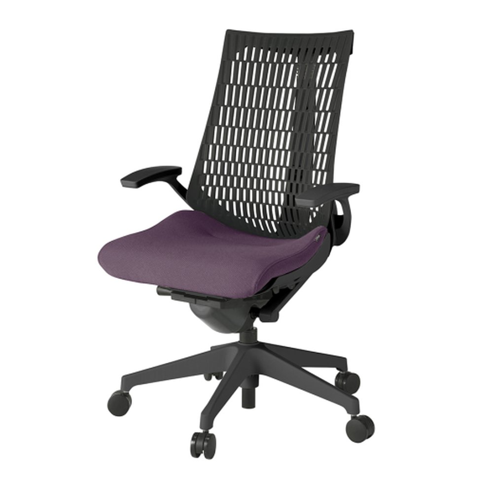 アクトチェア エラストマーバック KG445PS-MT1X7T1 固定肘 ベースカラー：T1 樹脂脚 抵抗付ウレタン双輪キャスター ［座：X7/プラムパープル/プラムパープル×背：T1/ブラックT］