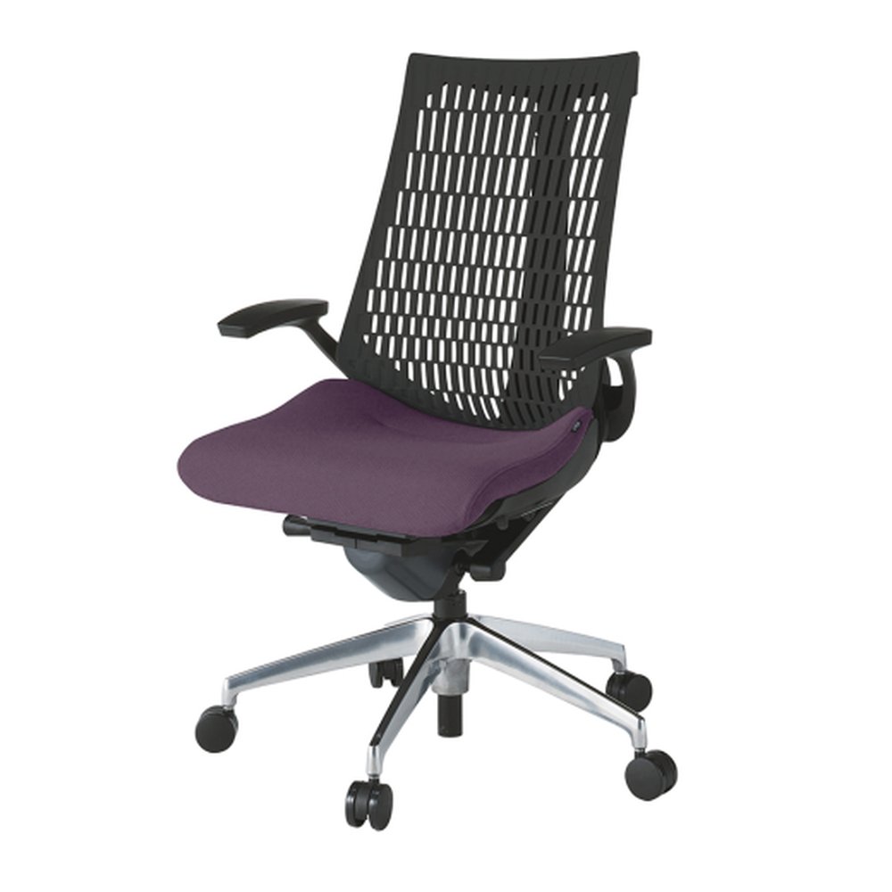 アクトチェア エラストマーバック KG445PS-MZTX7T1 固定肘 ベースカラー：ZT アルミミラー脚 抵抗付ウレタン双輪キャスター ［座：X7/プラムパープル/プラムパープル×背：T1/ブラックT］