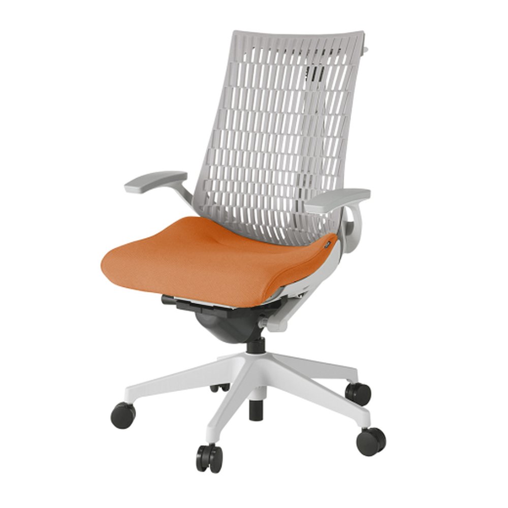アクトチェア エラストマーバック KG445PSHGND3T6 固定肘 ハンガー ベースカラー：GN 樹脂脚 ナイロン双輪キャスター ［座：D3/アンバーオレンジ×背：T6/ライトグレーT］