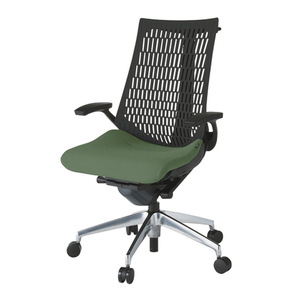アクトチェア エラストマーバック KG445PSHMZTQ2T1 固定肘 ハンガー ベースカラー：ZT アルミミラー脚 抵抗付ウレタン双輪キャスター ［座：Q2/アイビーグリーン×背：T1/ブラックT］